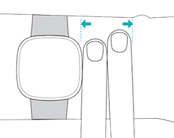 Un smartwatch en la muñeca de una persona, con dos dedos entre el smartwatch y la muñeca para mostrar la ubicación